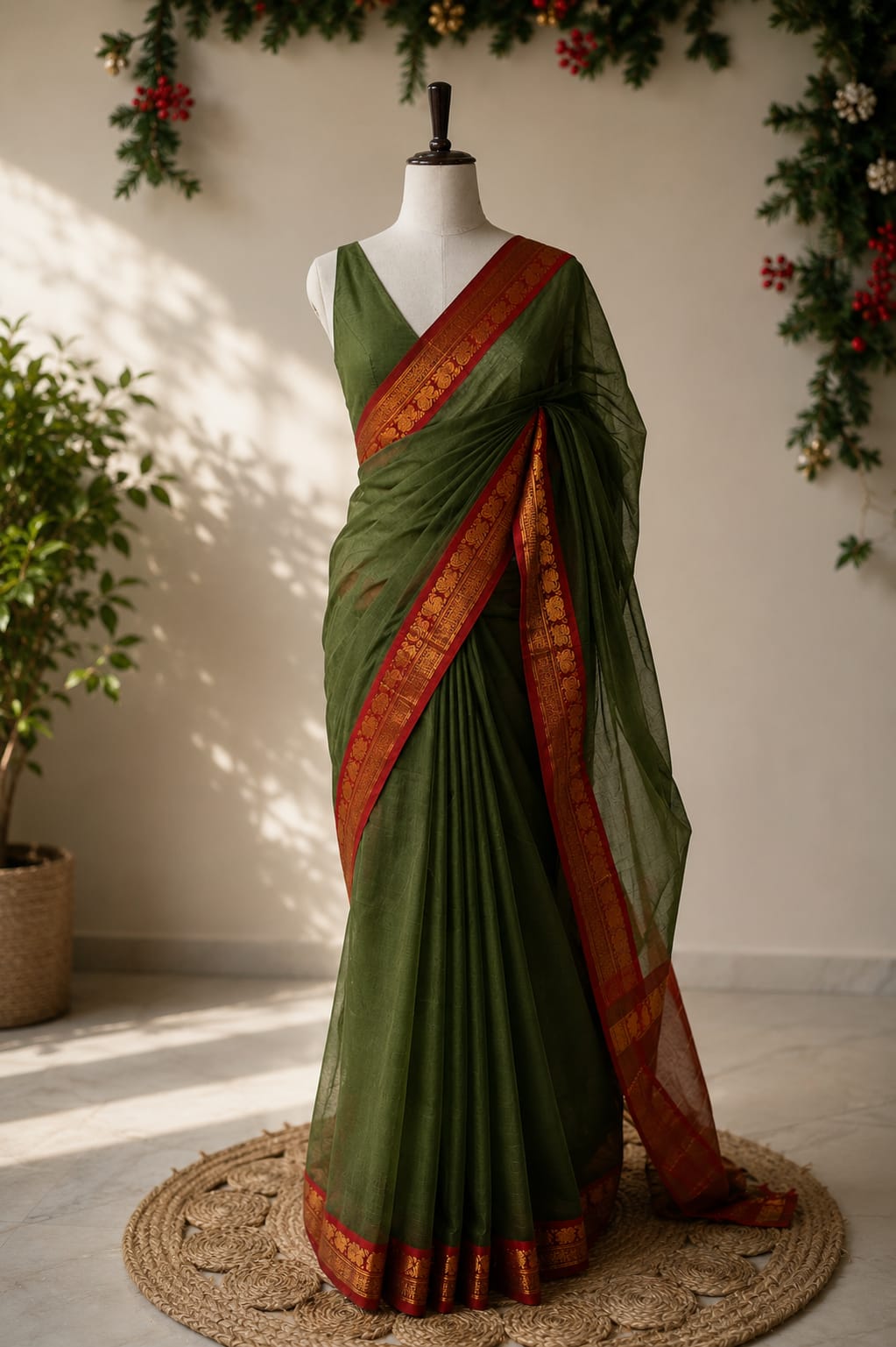 Mehendi Green Handloom Cotton Saree with Traditional Zari Border