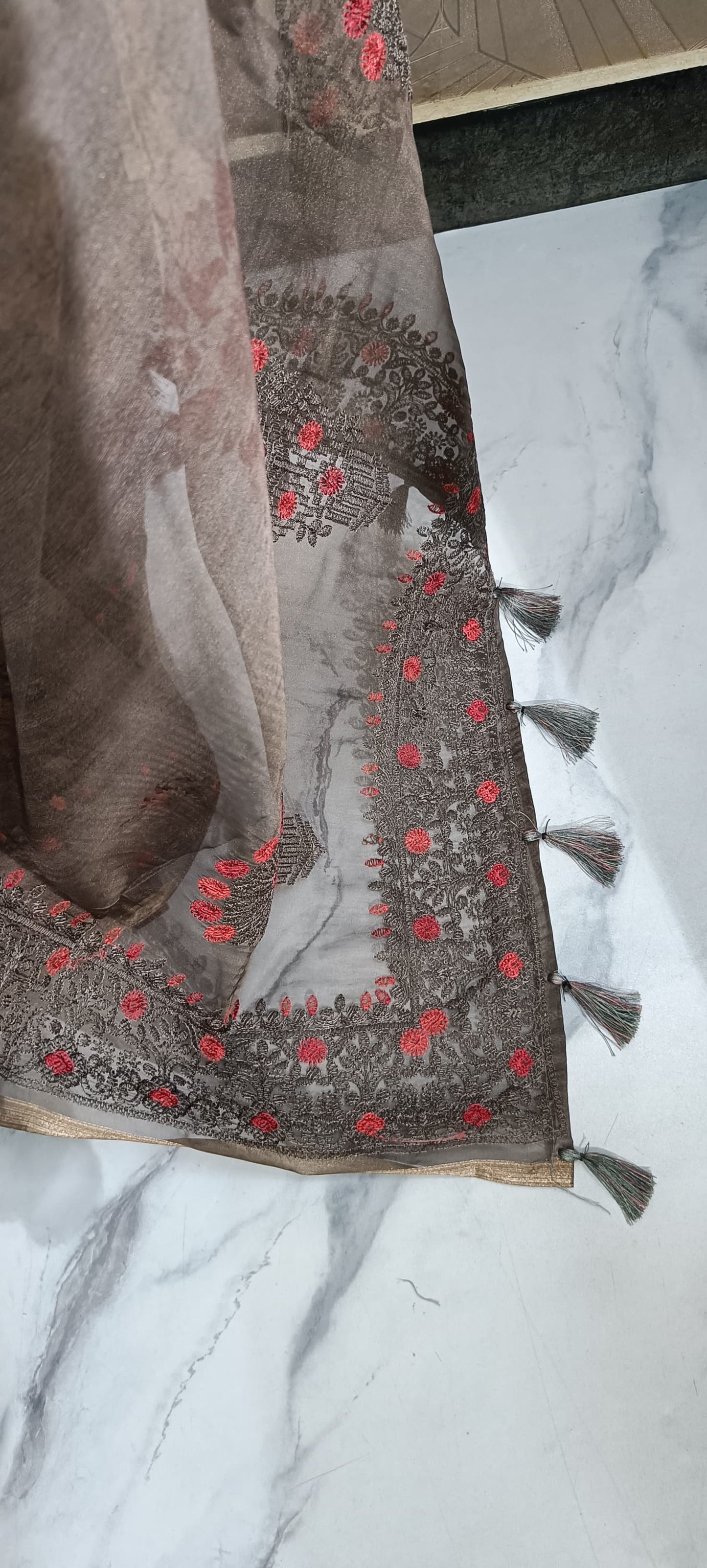 Charcoal Brown Floral Organza Saree with Intricate Embroidered Border