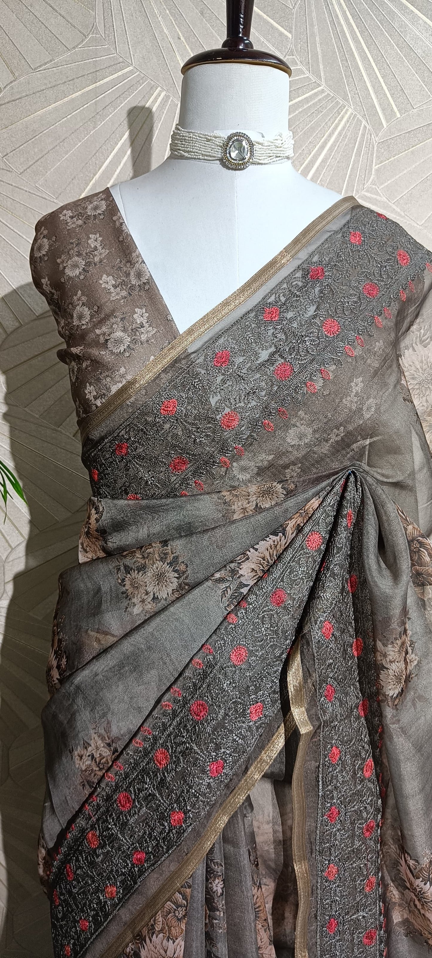 Charcoal Brown Floral Organza Saree with Intricate Embroidered Border