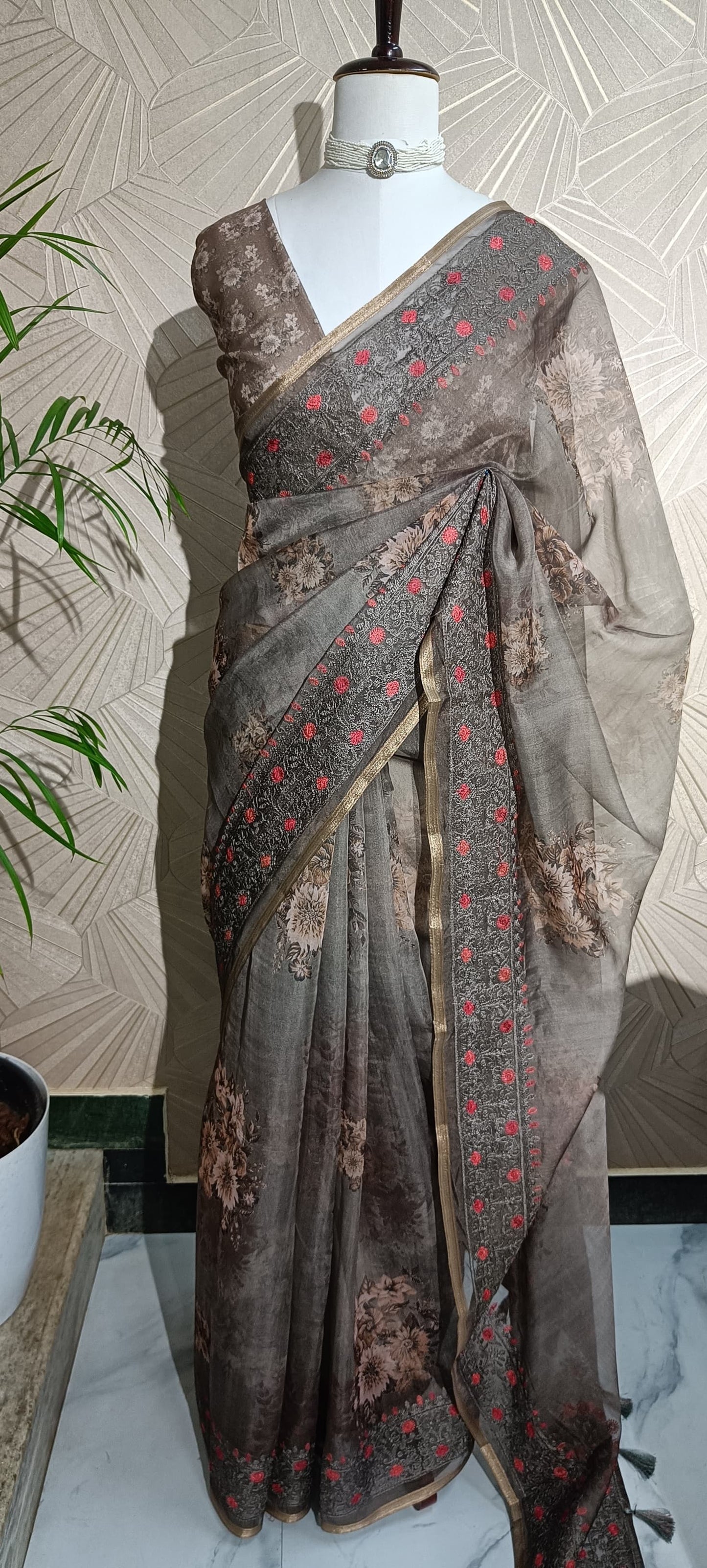 Charcoal Brown Floral Organza Saree with Intricate Embroidered Border