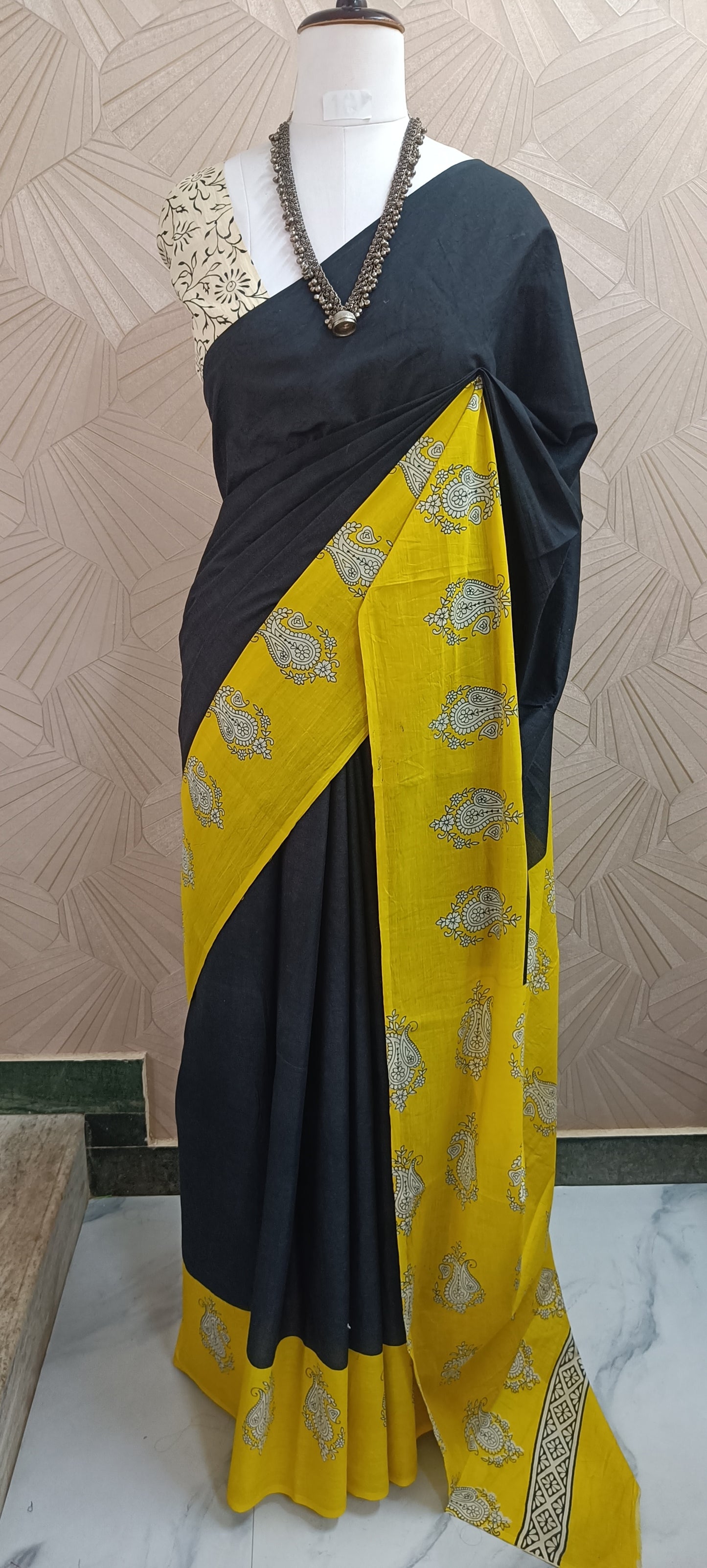 Black & Mustard Hand Block Cotton Saree