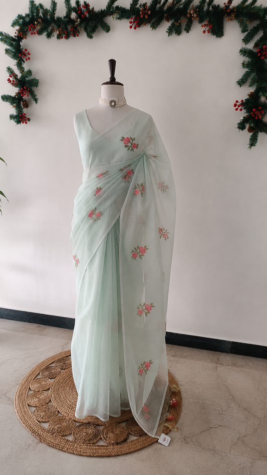 Kota Cross-stitch Floral Embroidered Saree