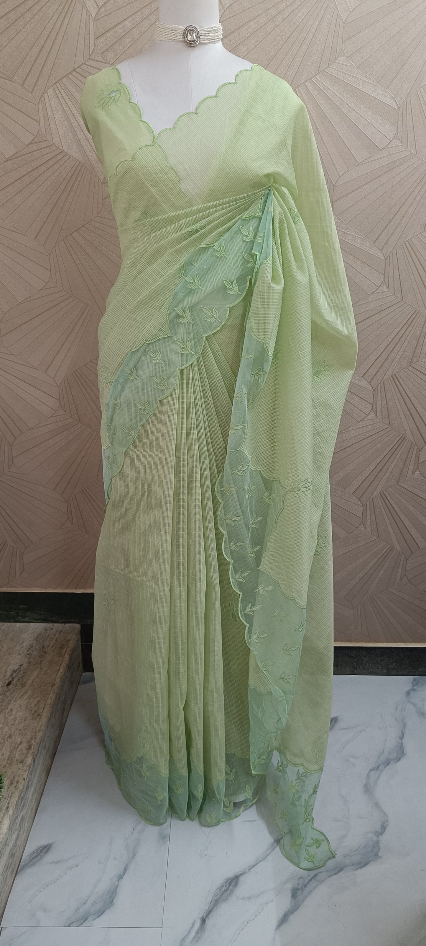 Kota Saree with Net Appliqué work and Scallop border