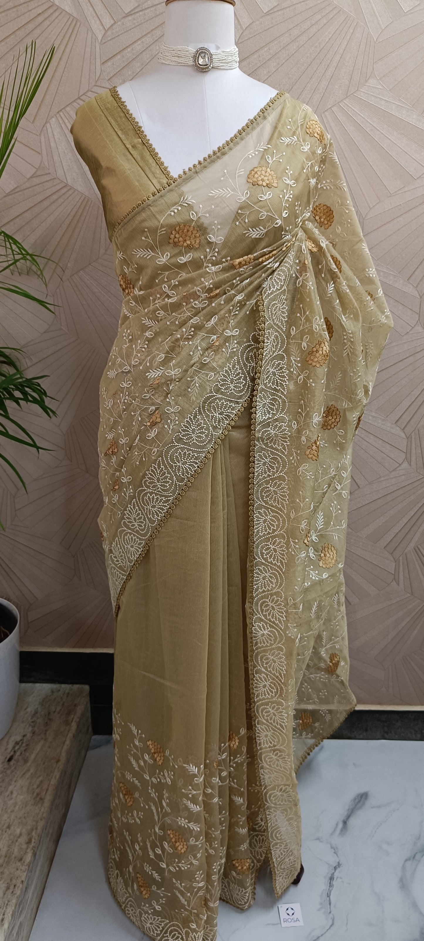Olive Beige Floral Embroidered Kota Saree