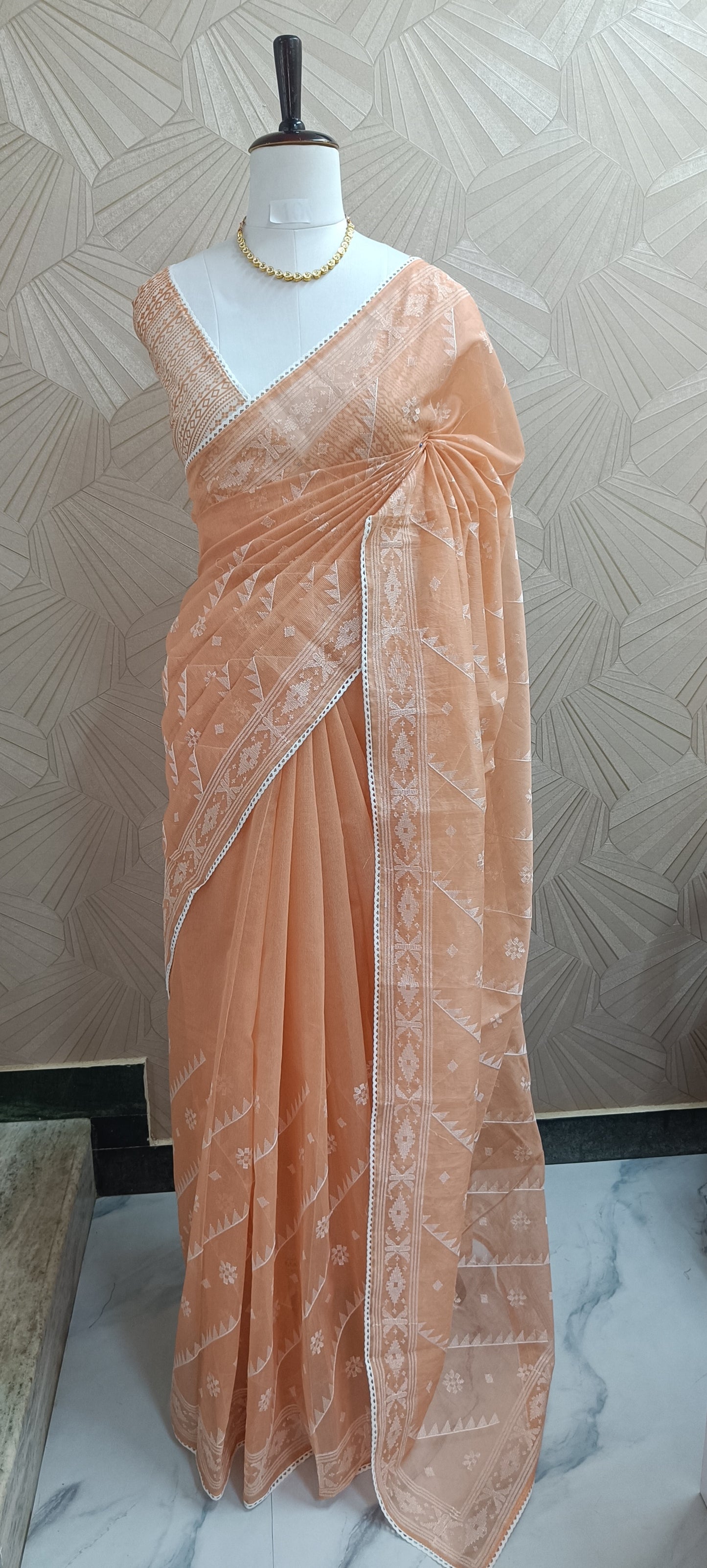 Soft Peach Kota Doria Saree with White Thread Embroidery