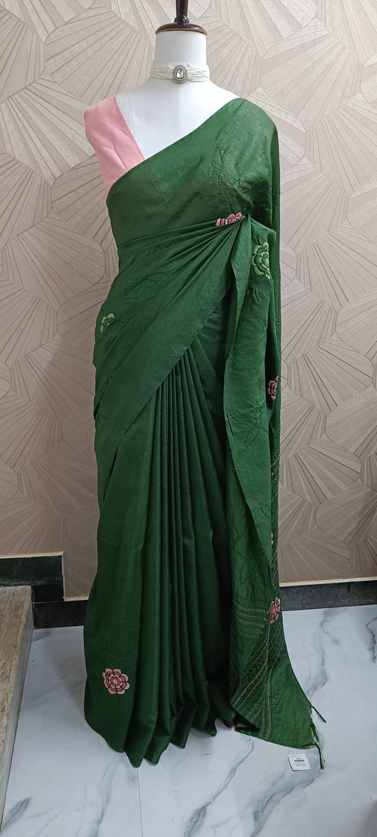 Semi Tussar Saree with Embroidery and Kantha work
