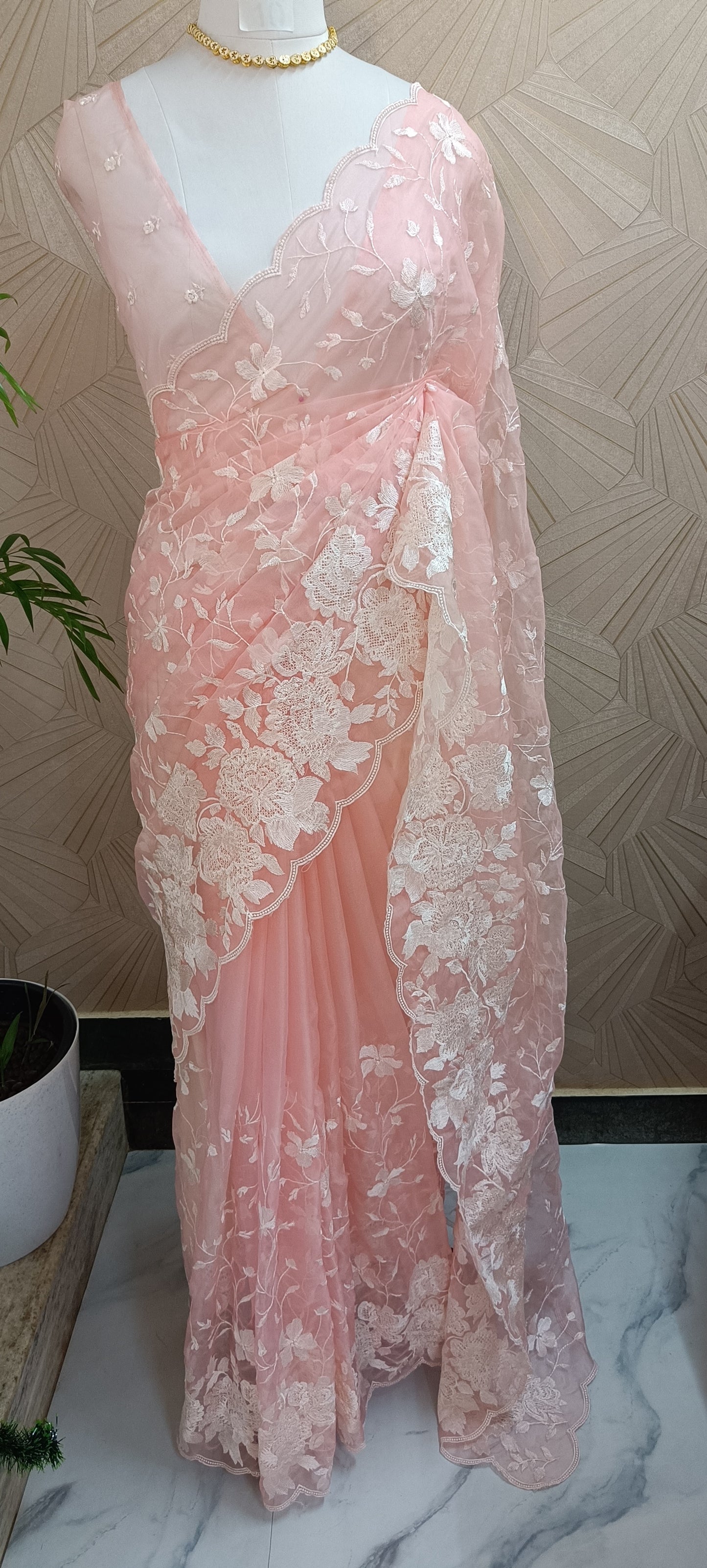 Blush Pink Floral Embroidered Organza Saree