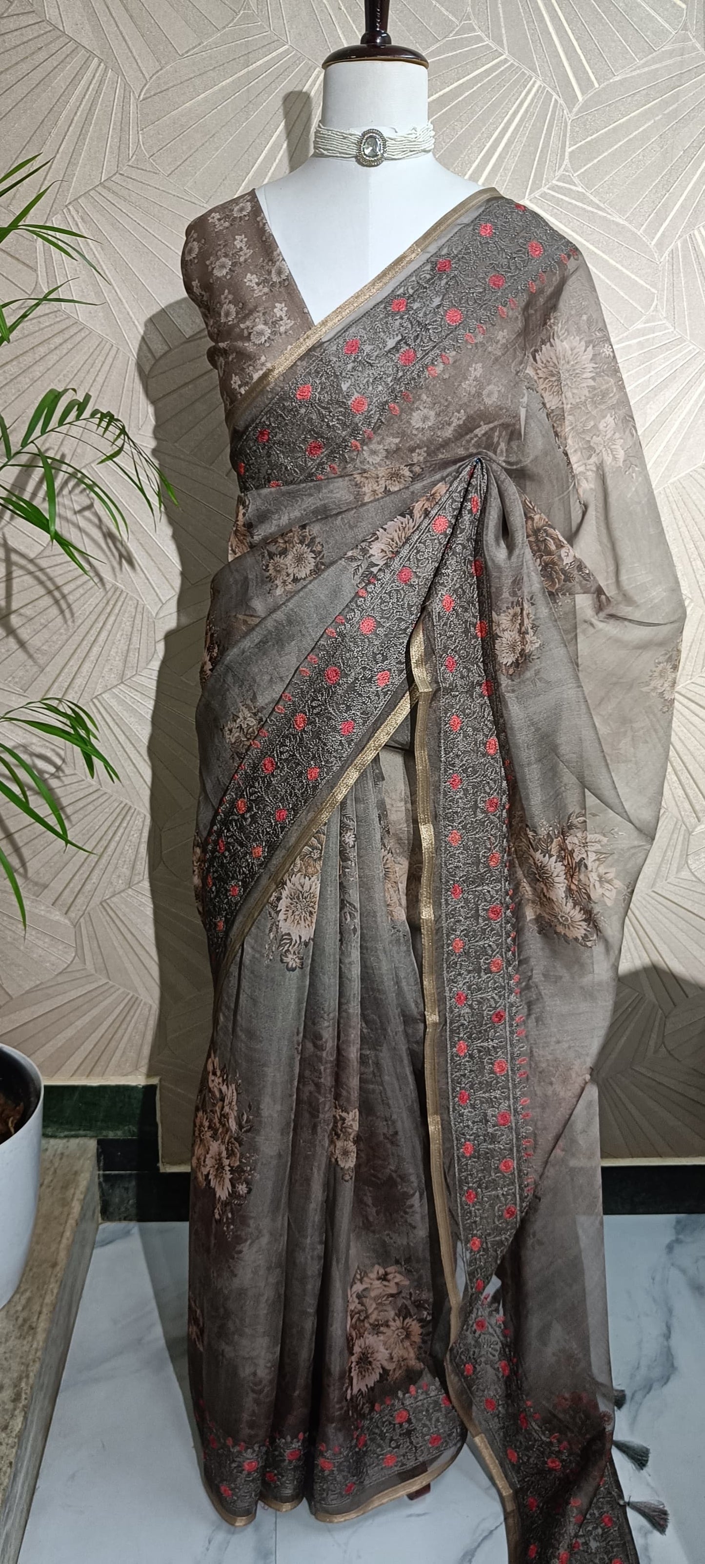 Charcoal Brown Floral Organza Saree with Intricate Embroidered Border