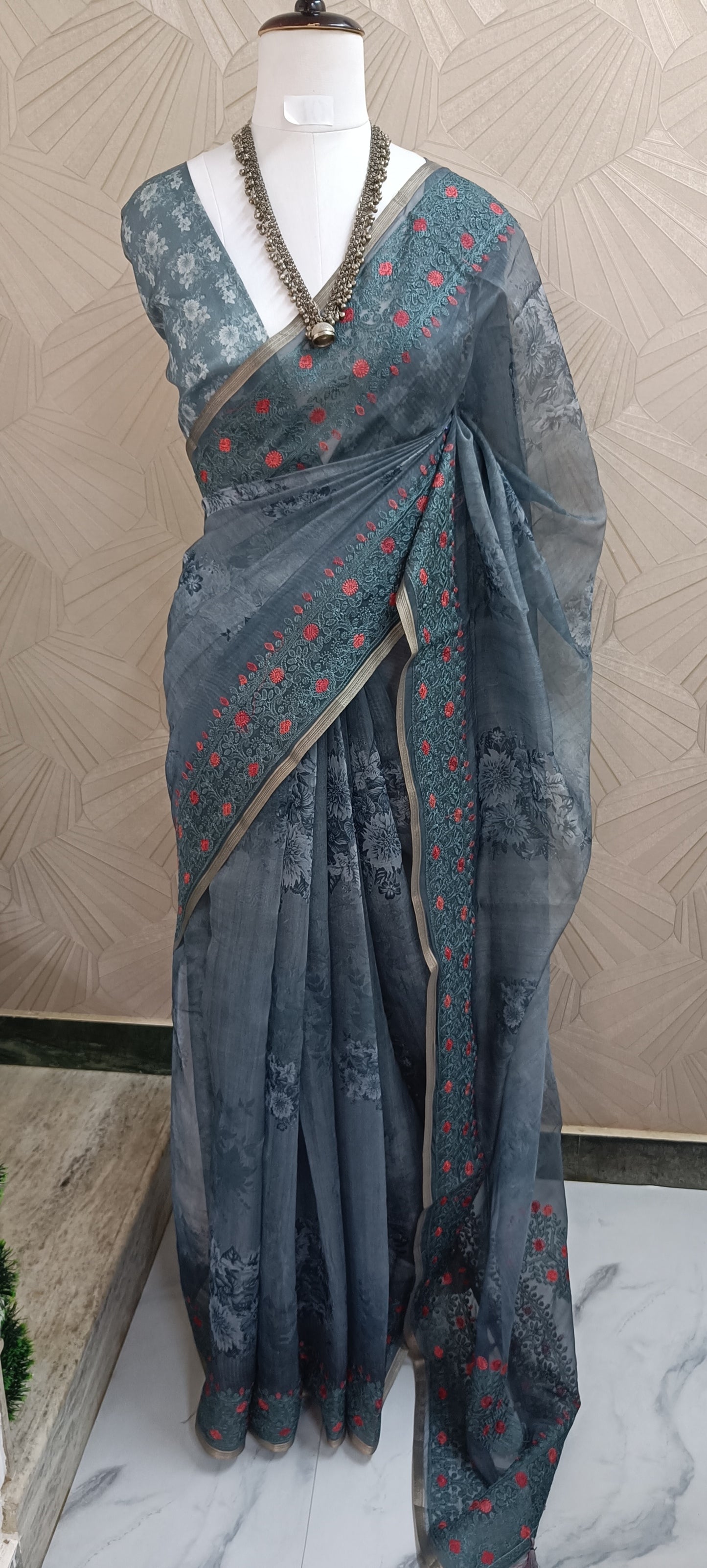 Smokey Grey Floral Organza Saree with Teal & Red Embroidered Border