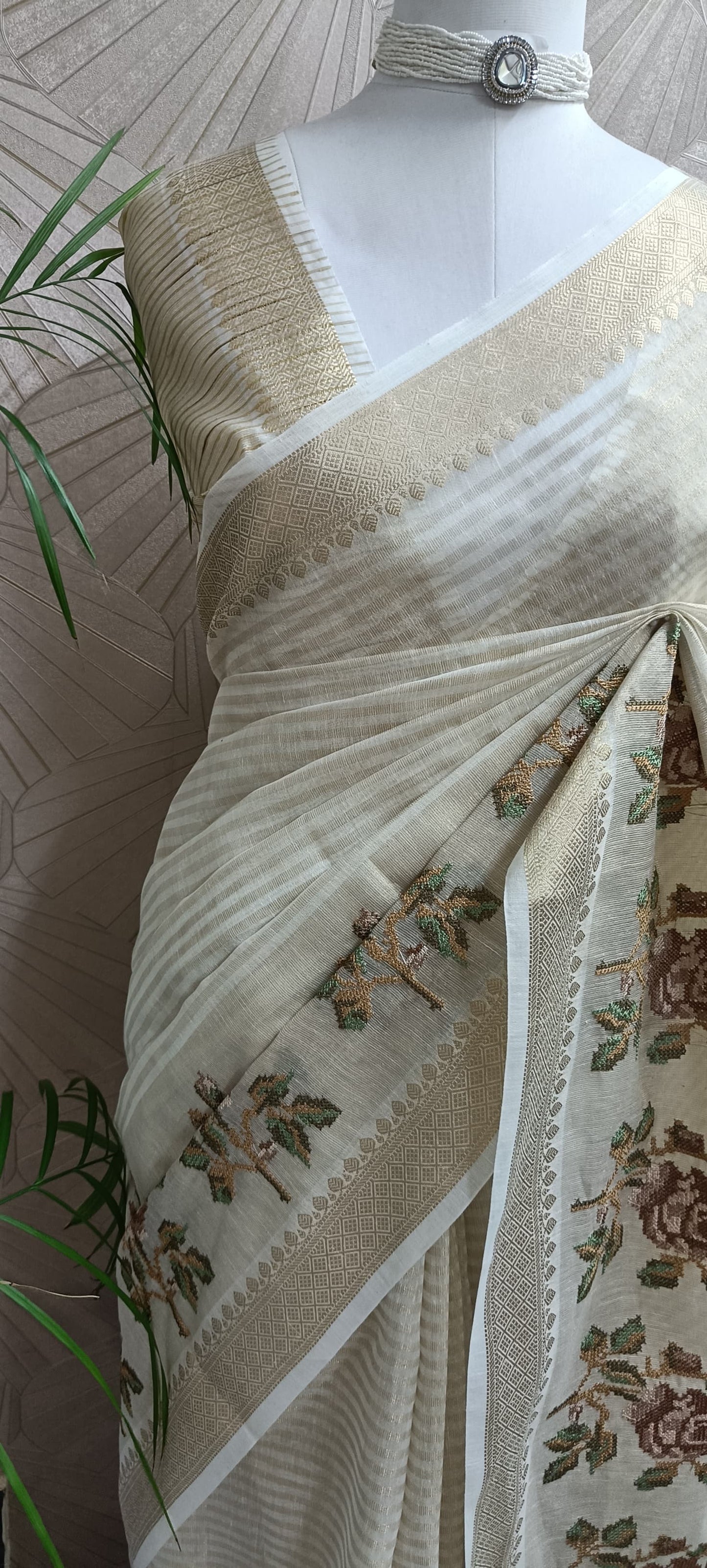 Ivory Tissue Saree with Cross-Stitch Floral Embroidery