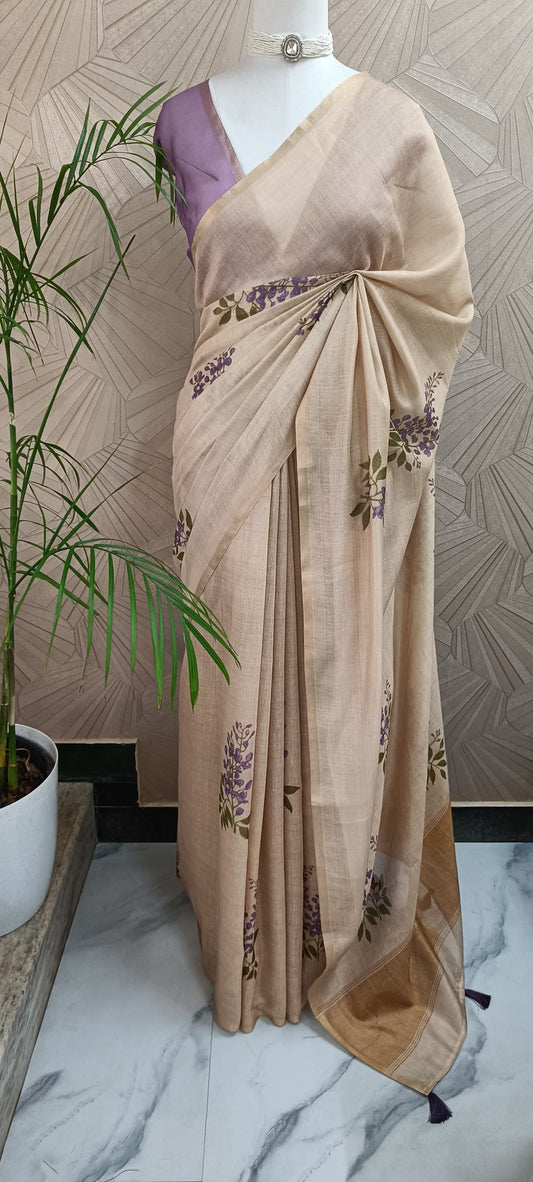 Beige Linen Cotton Saree with Purple Floral Prints