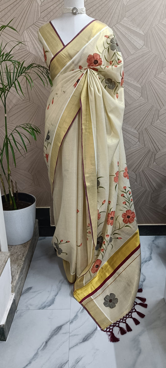 Tissue Silk Hand Painted  Onam Saree
