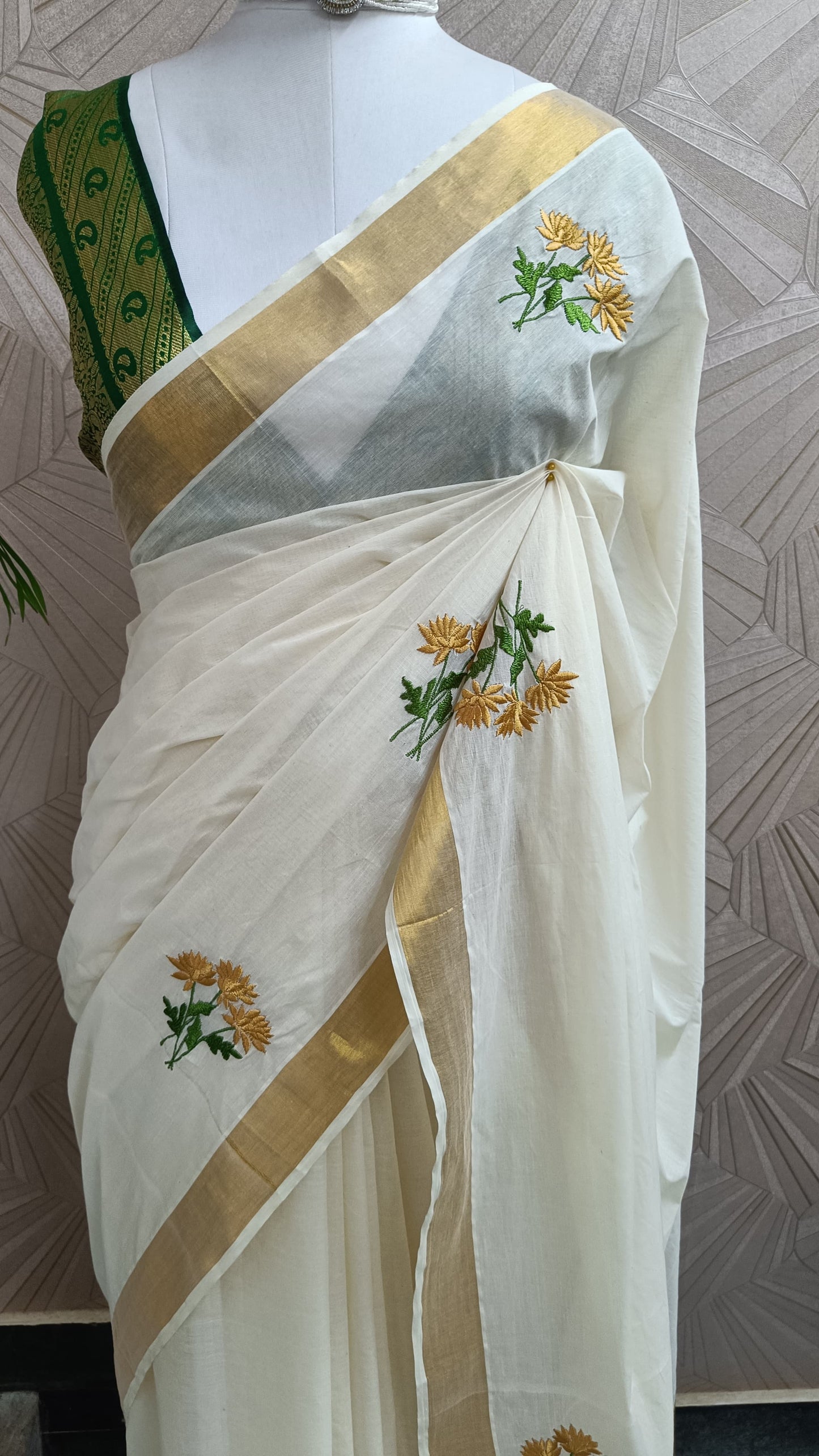 Classic Off-white Cotton Saree with Golden Border & Floral Embroidery