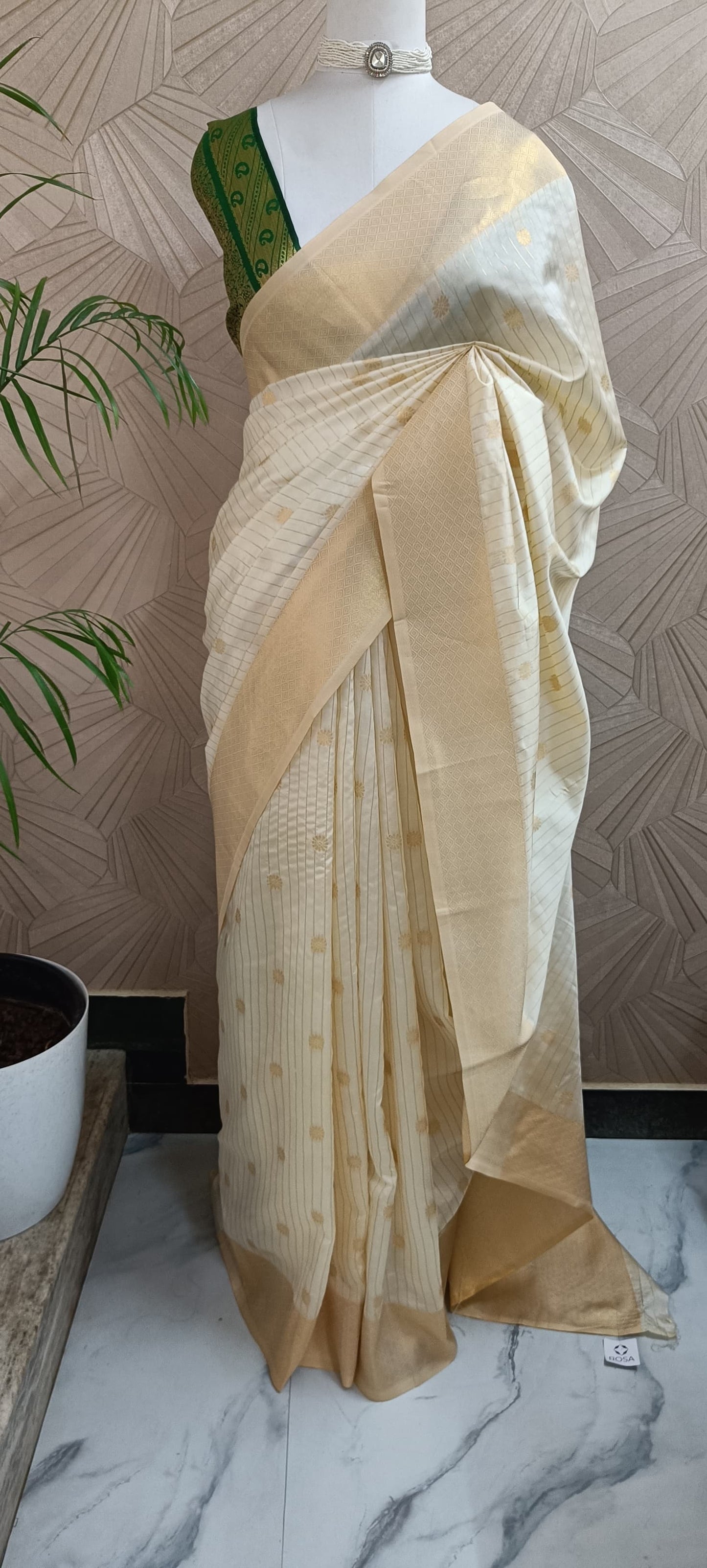 Ivory and Gold Handloom Silk Saree with Subtle Zari Accents