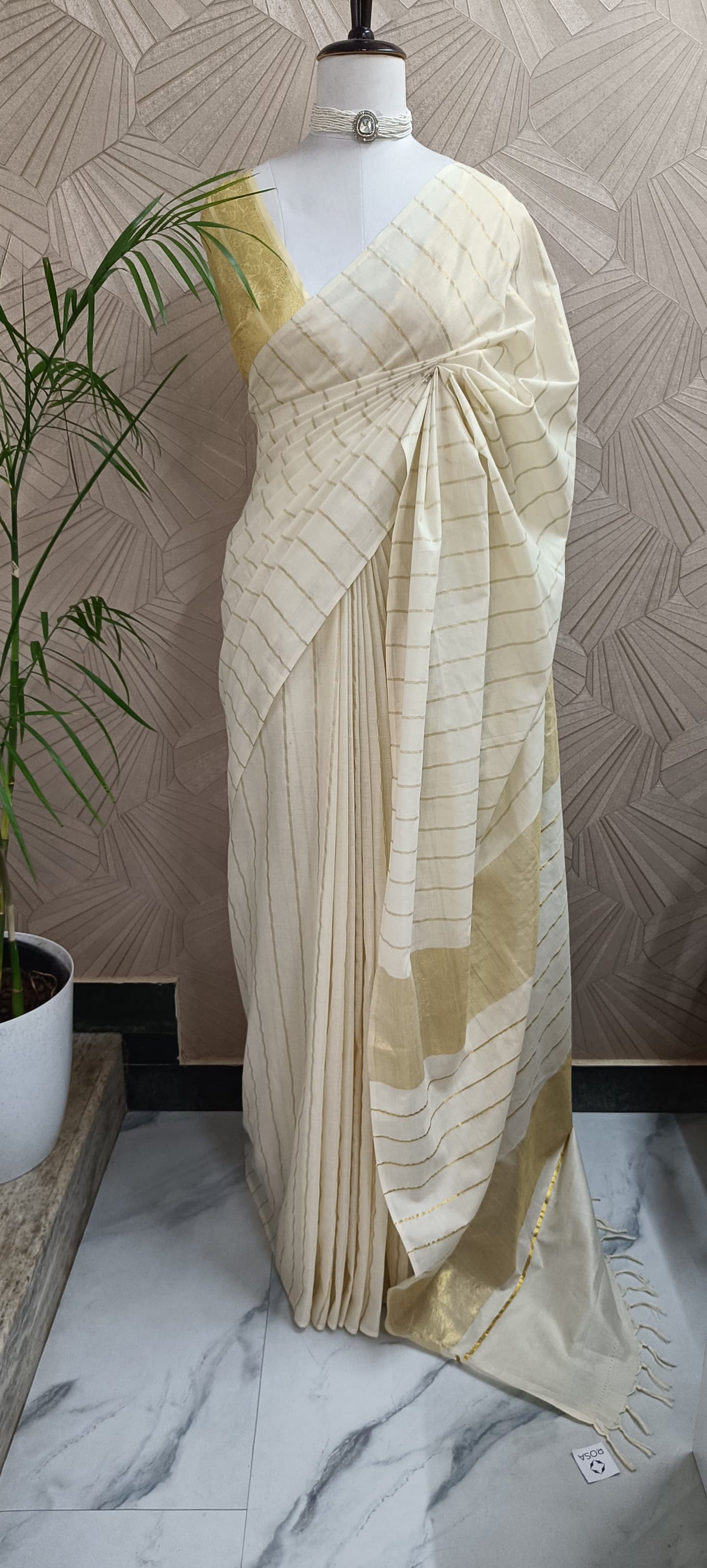 Kasavu Cotton Saree with Subtle Golden Stripes