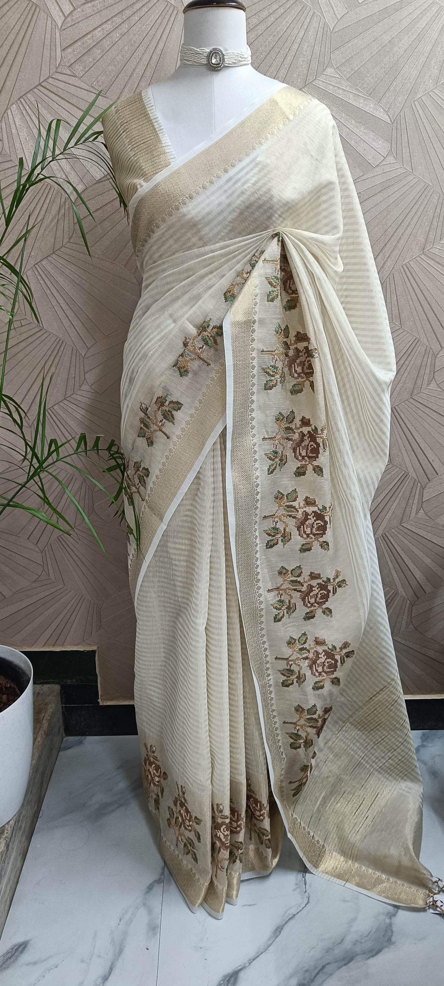 Ivory Tissue Saree with Cross-Stitch Floral Embroidery