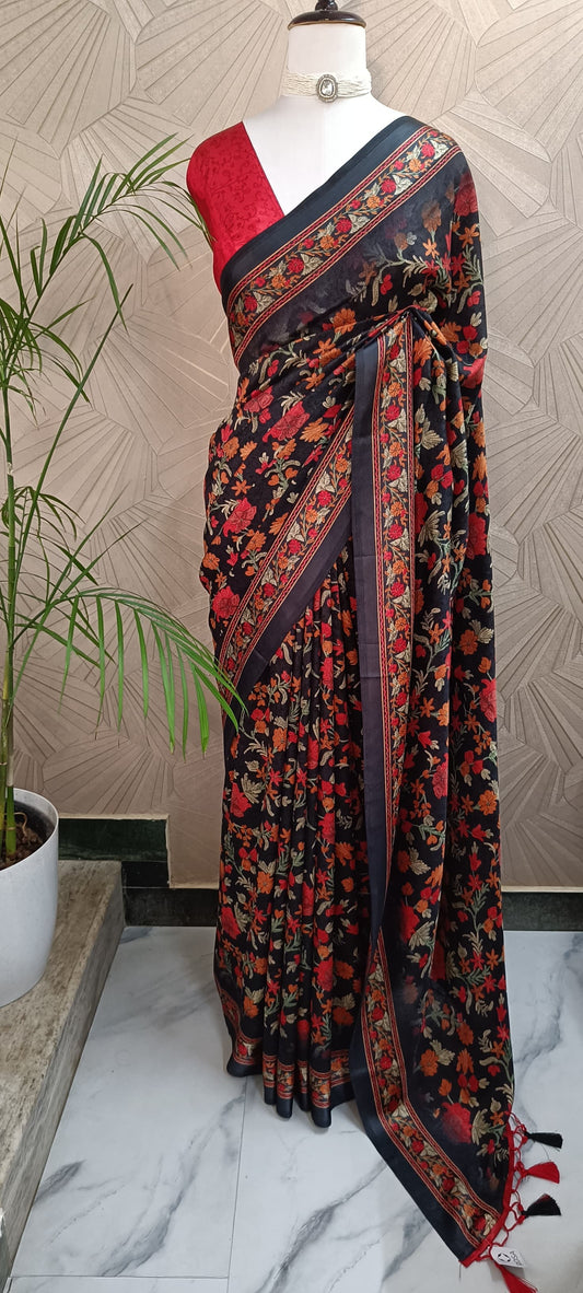 Black Pashmina Silk Saree with Multicolor Floral Weaving