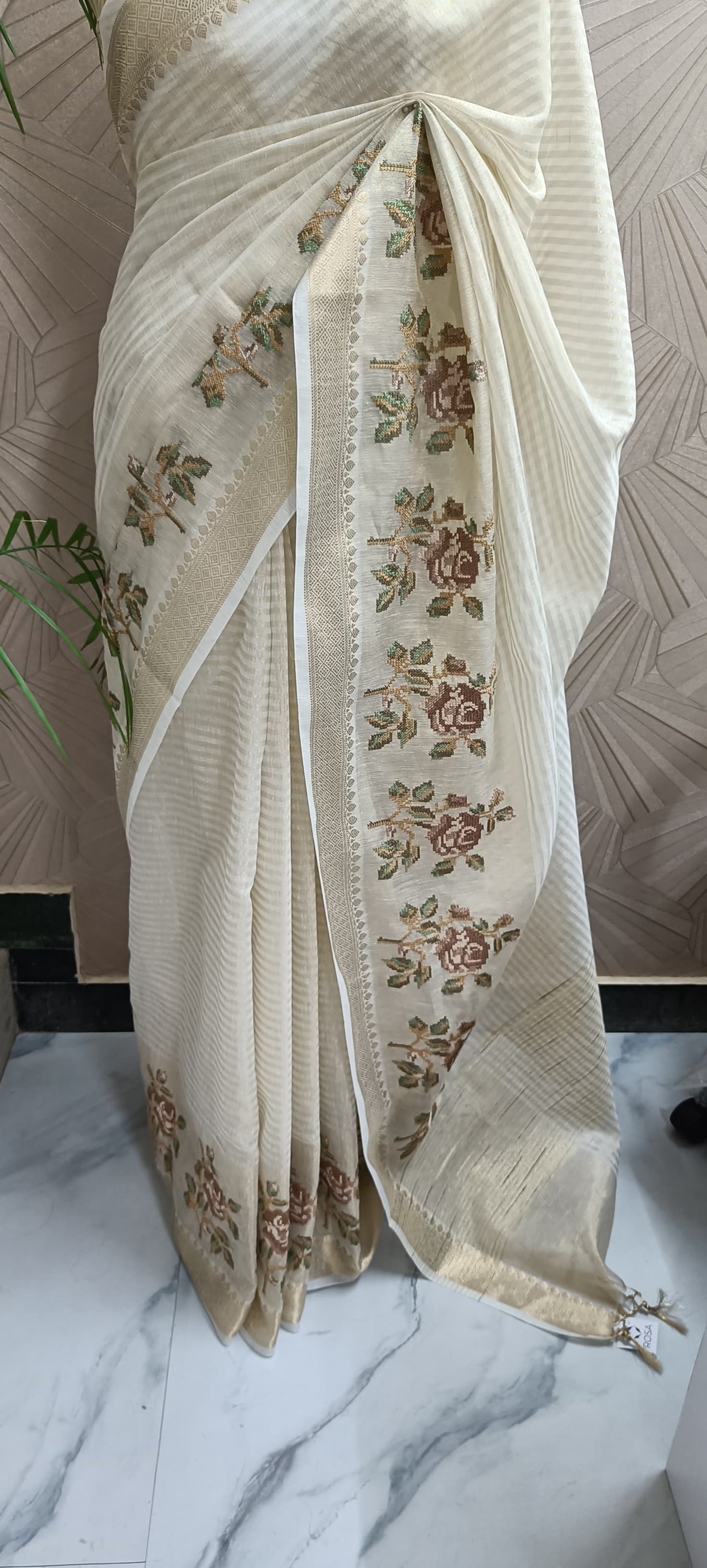 Ivory Tissue Saree with Cross-Stitch Floral Embroidery