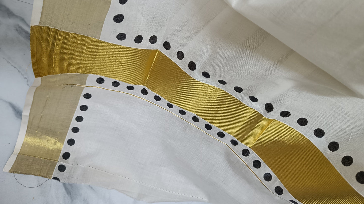 Kerala Cotton Saree with Golden Zari Border & Polka Detailing