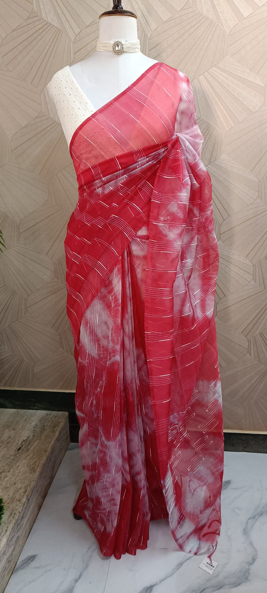 Chic Red & White Semi Organza Saree - Sheer Elegance