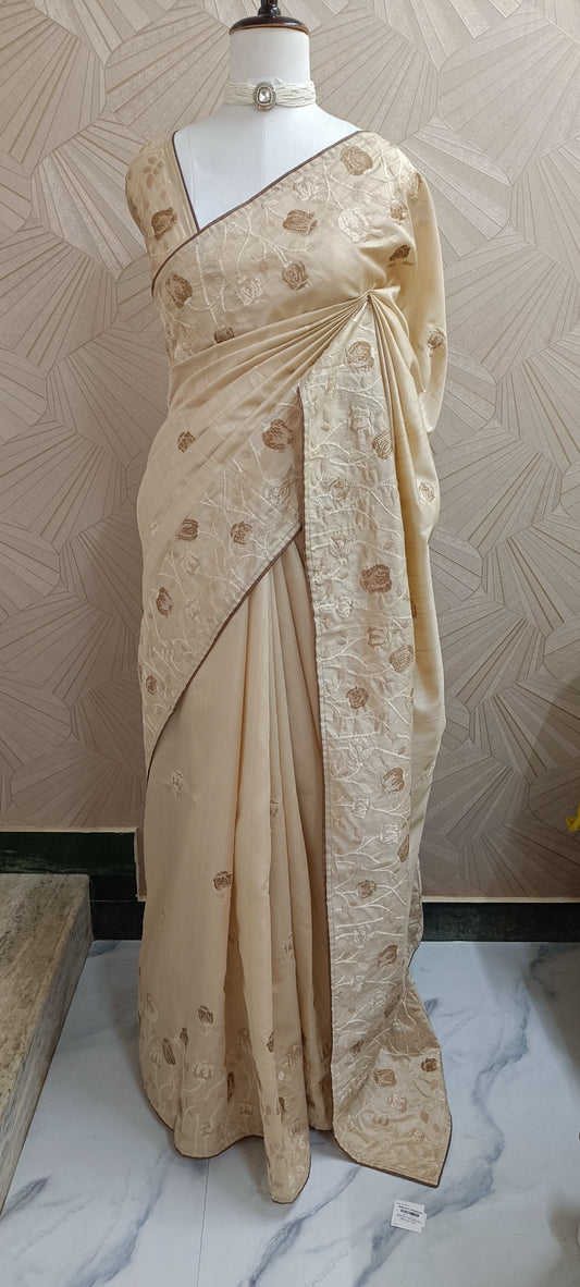Beige Tussar Silk Saree with Subtle Floral Weave