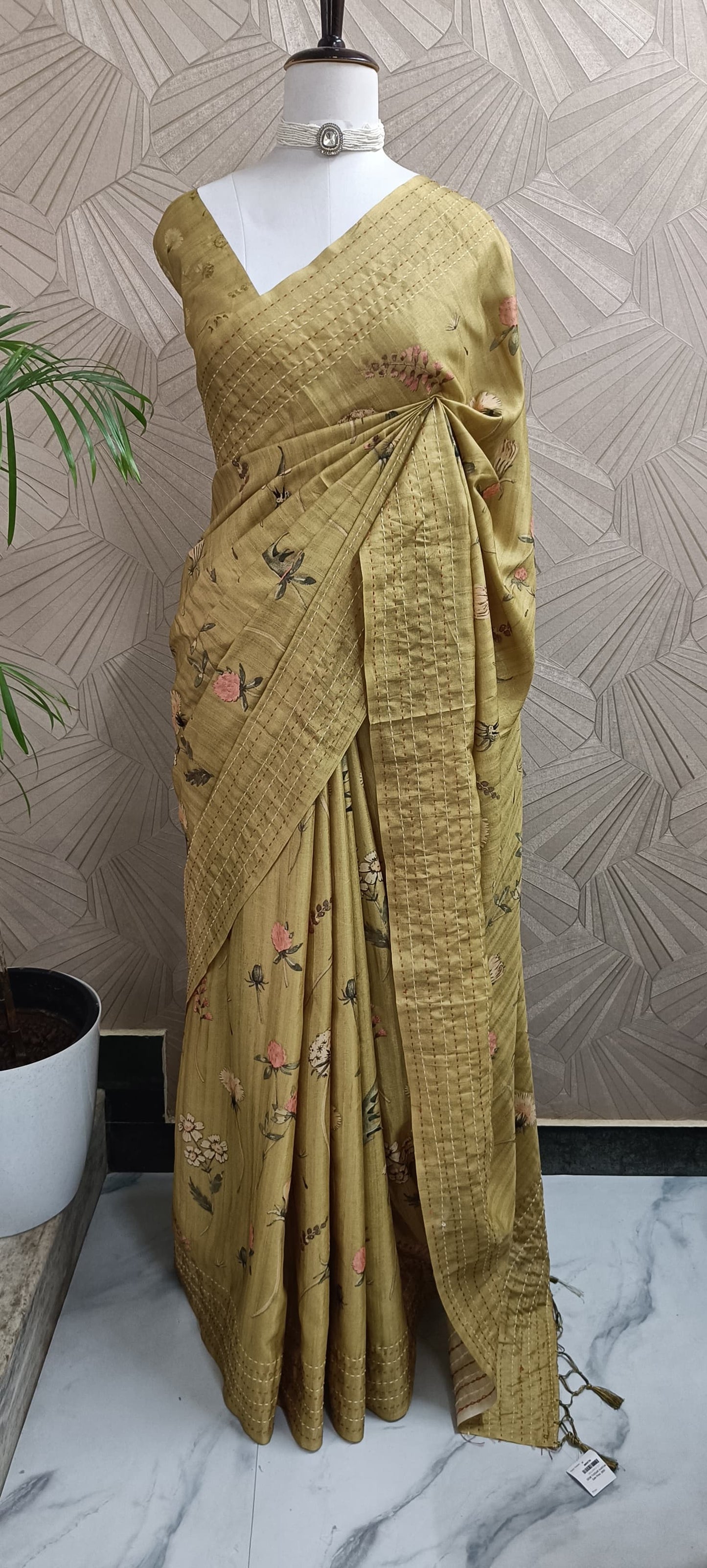 Mustard colour Digital Floral Print Saree With Kantha Work
