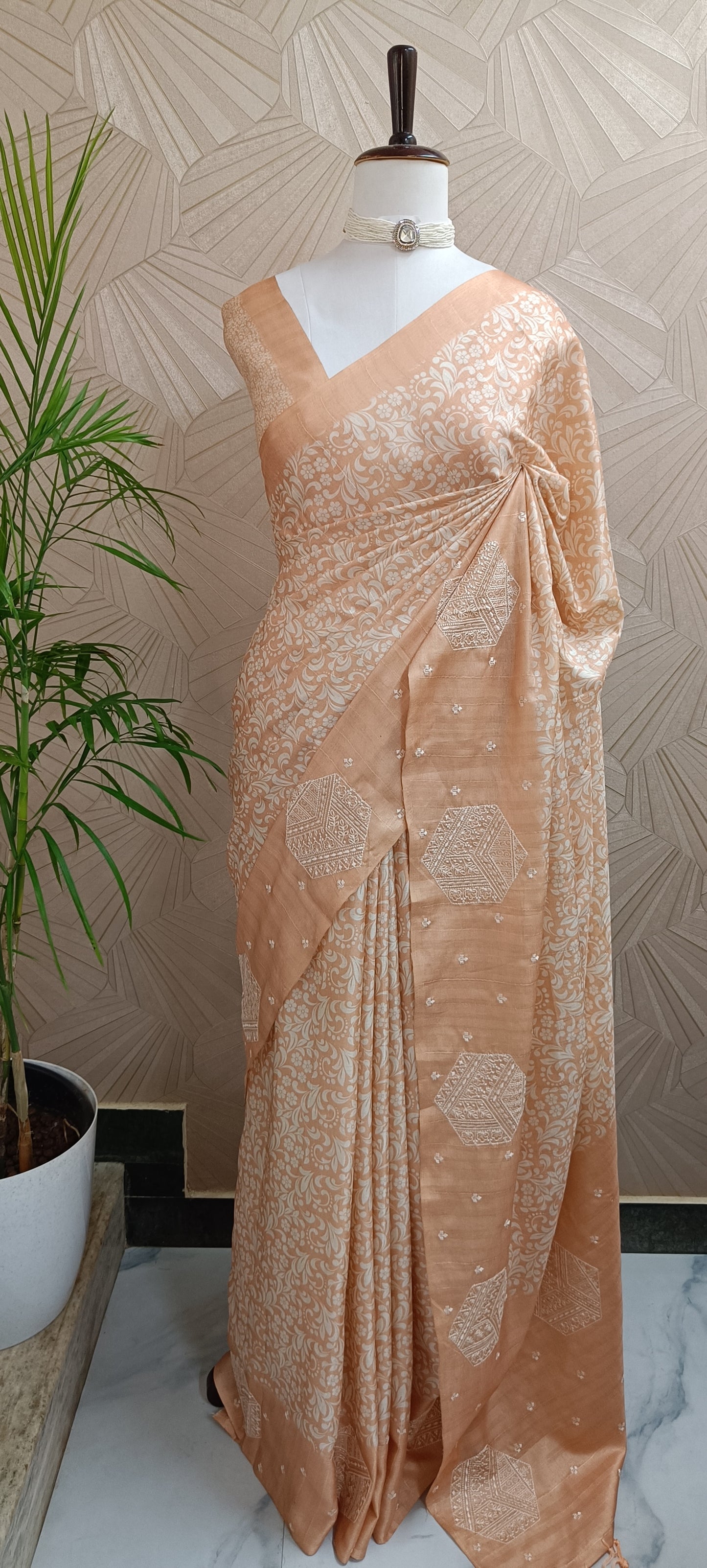 Peach Semi Tussar Saree with Floral Print & Embroidered Pallu