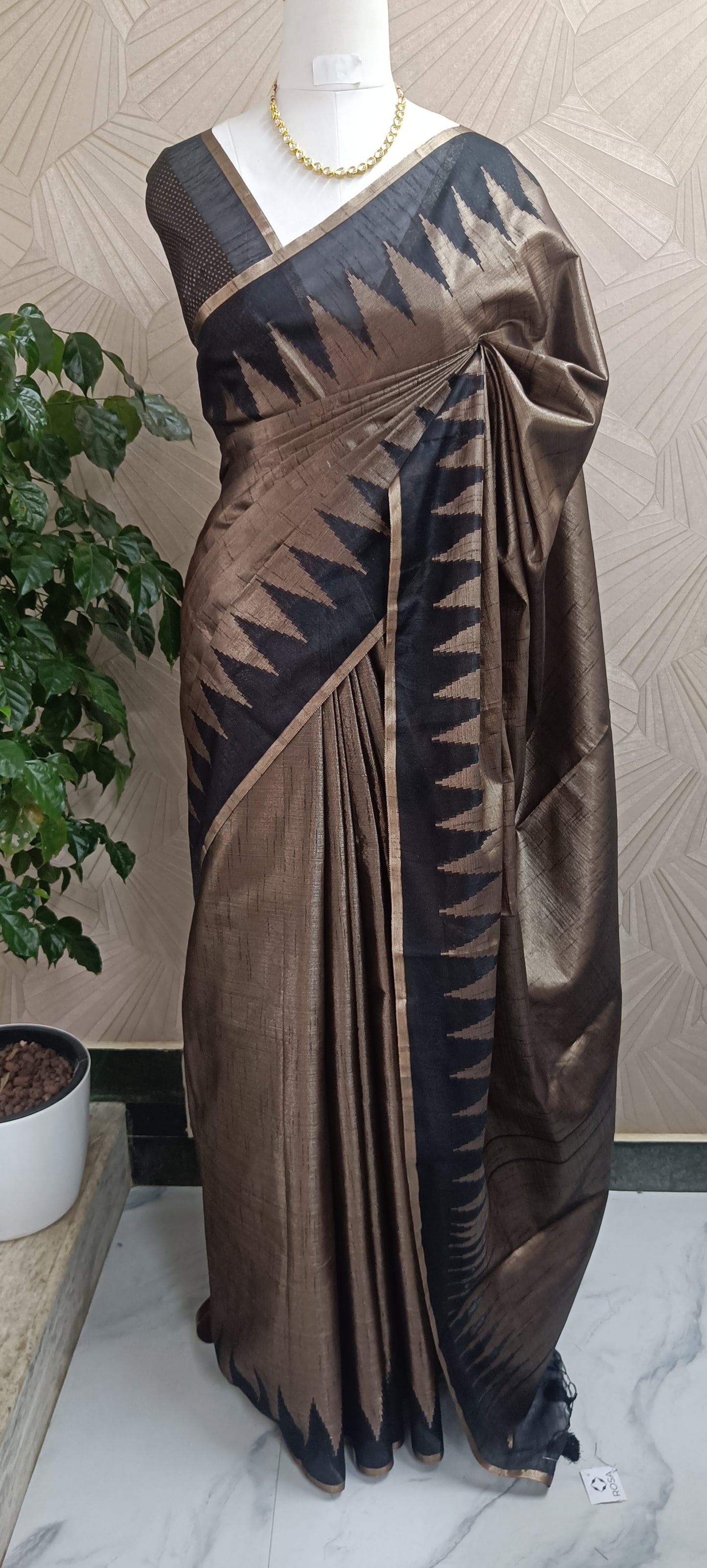 Temple Border Black Copper Semi Silk Saree