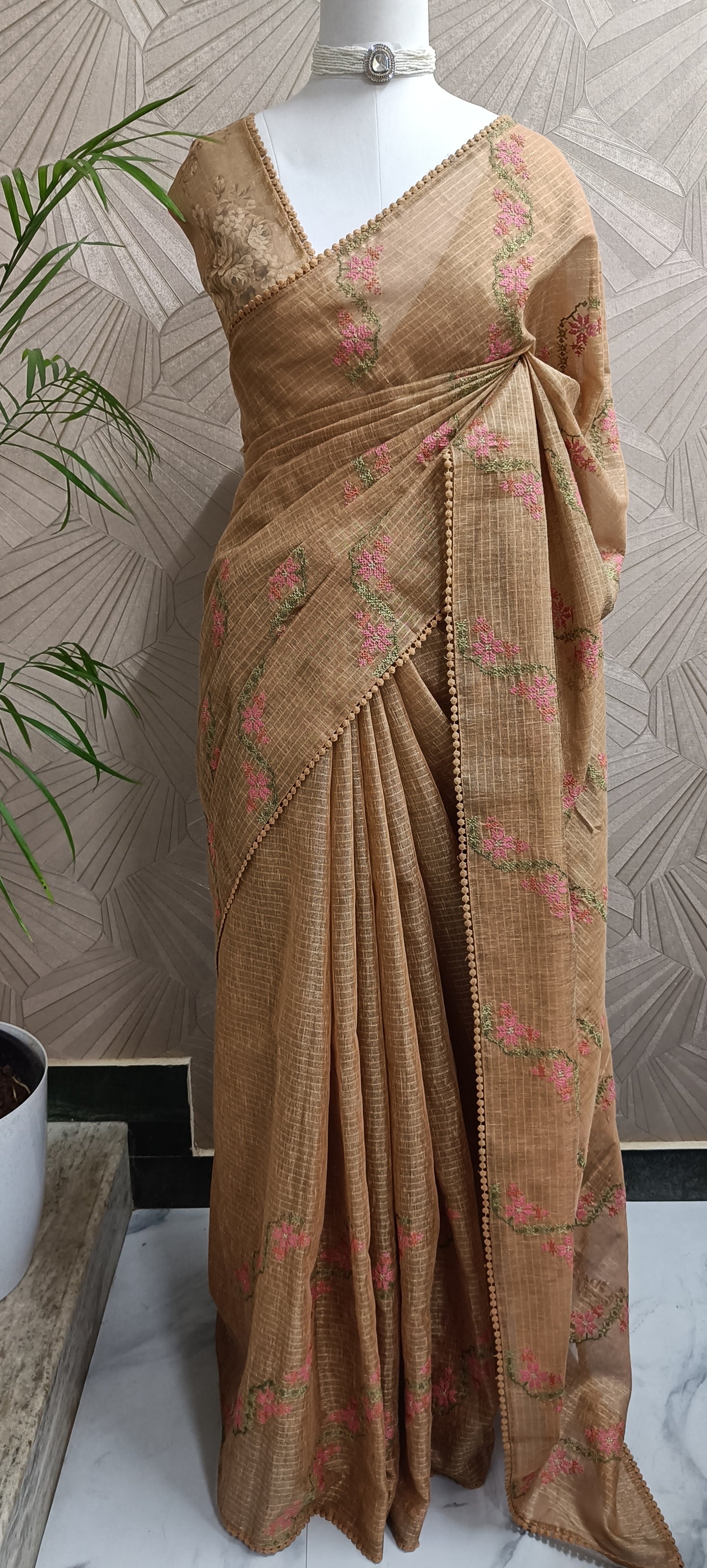 Brown Tissue Saree with Delicate Cross-Stitch Embroidery