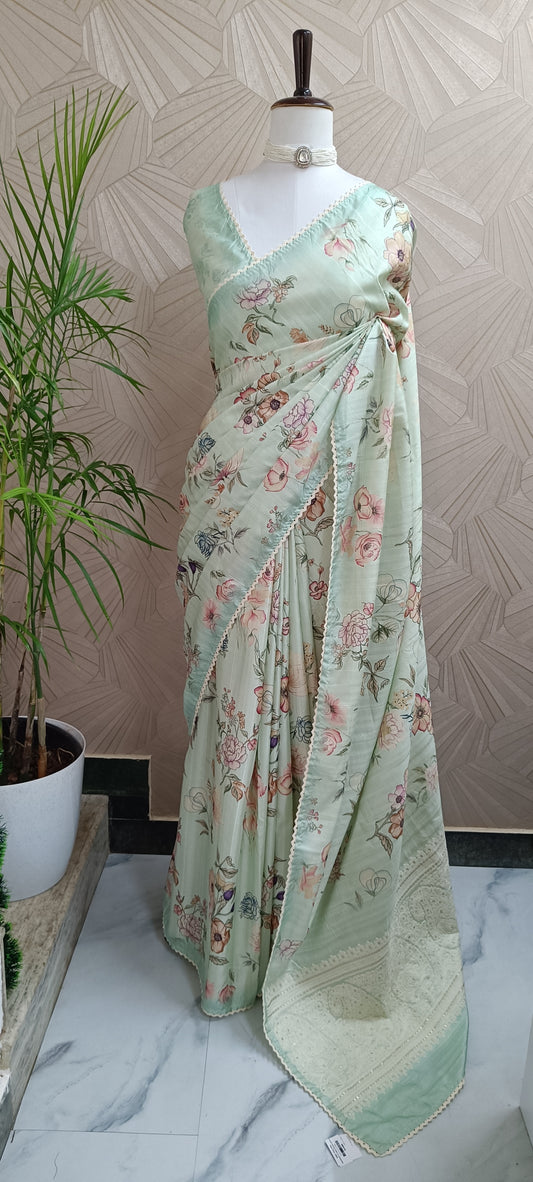 Semi Tussar Digital  Print Saree with Chikankari work
